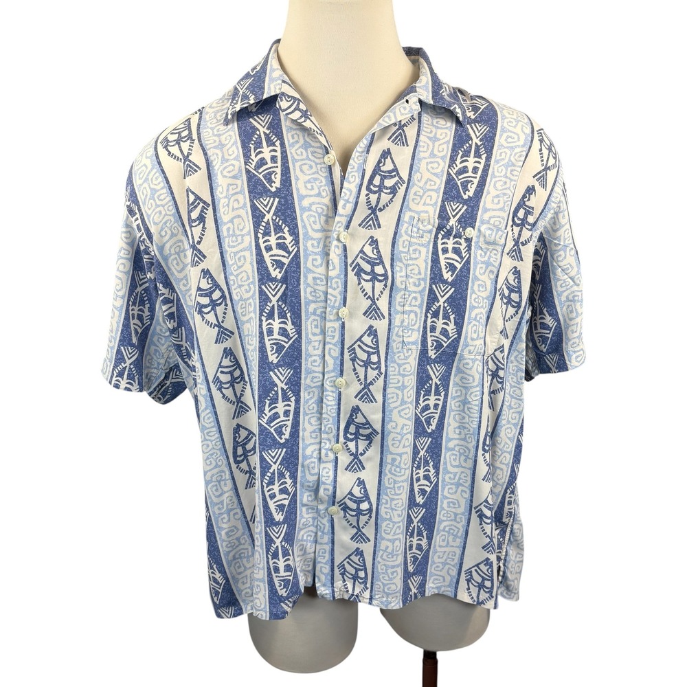 Burma Bibas Mens XL Blue‎ White Fish Tribal Print Rayon Short Sleeve Camp Shirt